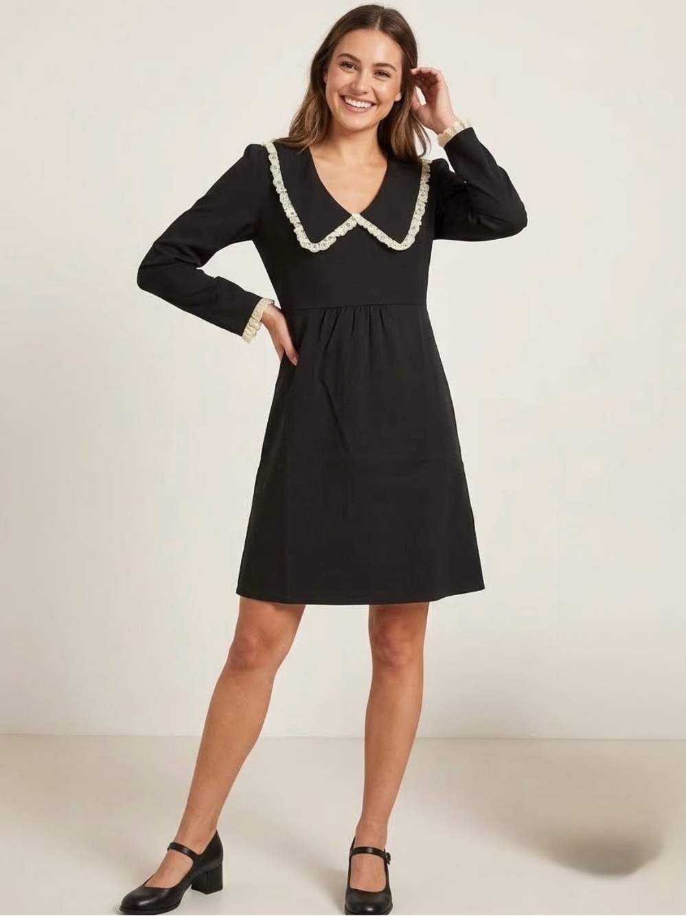 Tuckernuck Saxby Cream Lace Pilgrim Collar Cuff Mini Dress, Black, Size S, NWT
